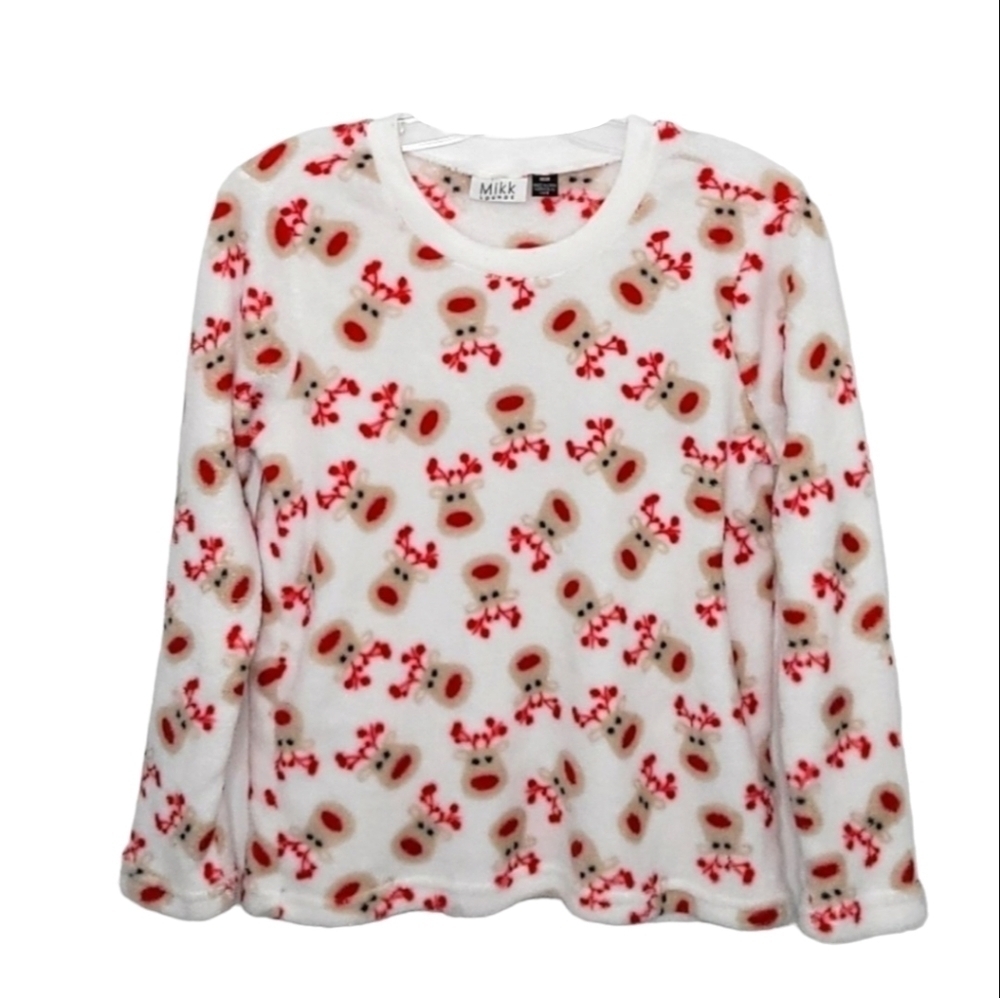 White Crewneck White Red Fleece Reindeer PJ Top Kidcore Loungewear Women's Med